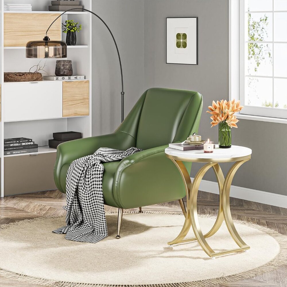 Small Round Sofa Side Table, Faux Marble White and Gold End Table, Contemporary - Picture 4 of 8
